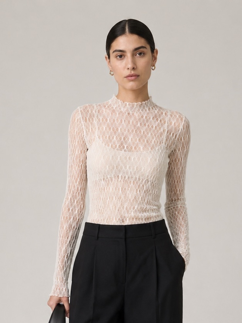 ASTR the label ivory sheer textured long sleeve top w/ asymmetric back detail. M
